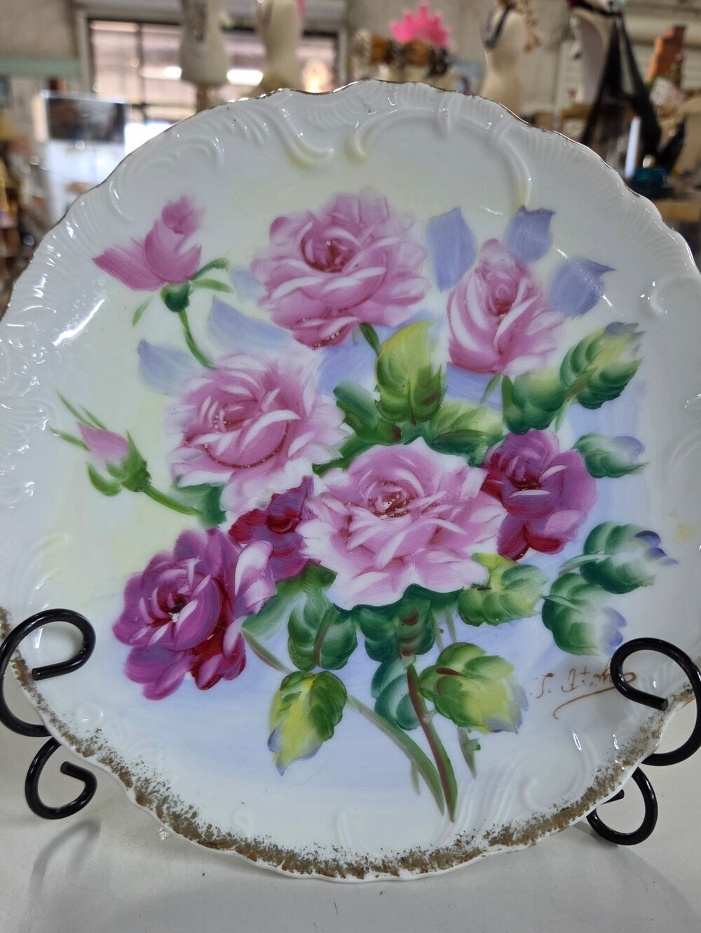 Hand Painted Porcelain Rose Plate Signed T Itoh Gold Moriage Rim Decor